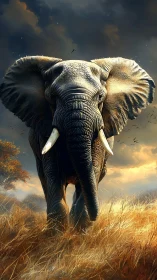 Majestic elephant strides through glowing savanna grassland.