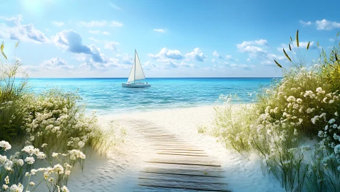 Sunlit boardwalk opening onto turquoise sailboat dreams.