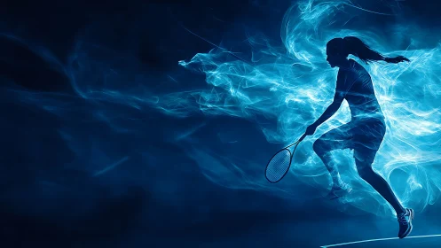 Dynamic blue light silhouette captures a sprinting racket player