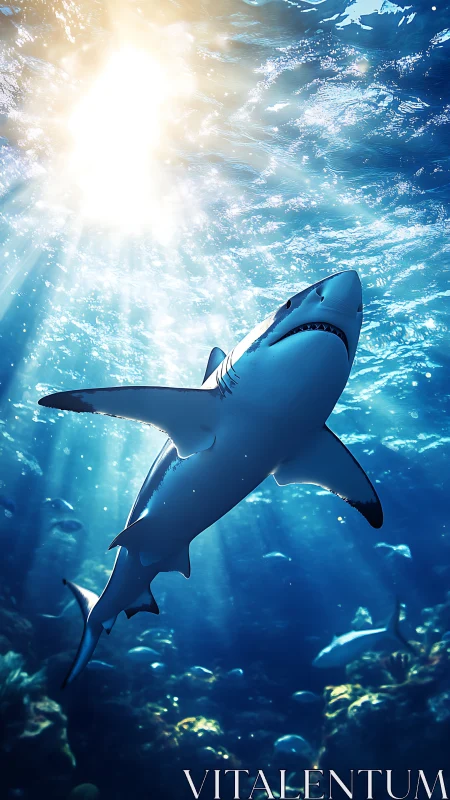 Great white shark cuts through sunlit blue ocean depths.