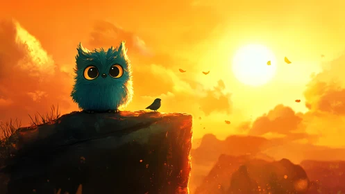 Sunset cliffside fluff-owl watching the glowing sky burn.