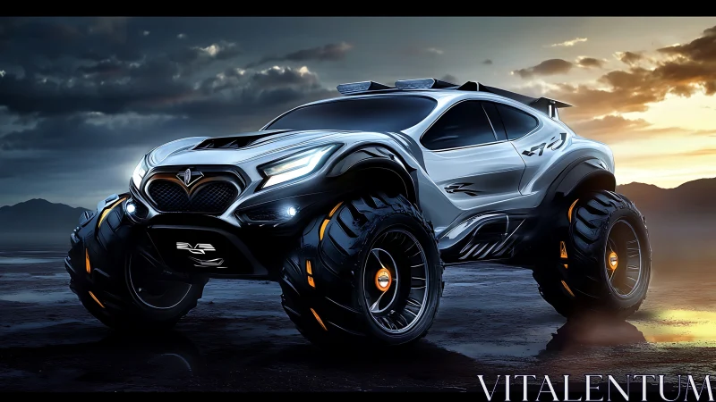 Futuristic off road supercar stands on wet terrain at dusk.