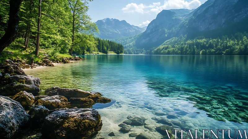 Crystal singing lake cradled by quiet emerald mountains.