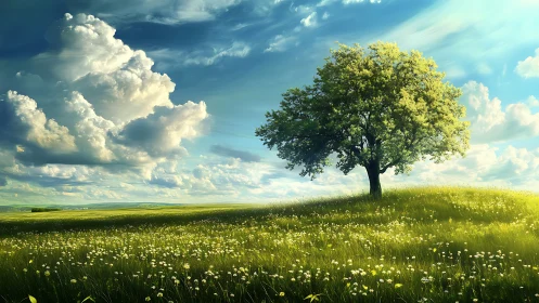 Solitary meadow guardian basking beneath wandering summer clouds.