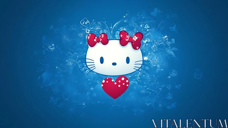 Hello Kitty Character with Red Bows and Heart on Blue Background