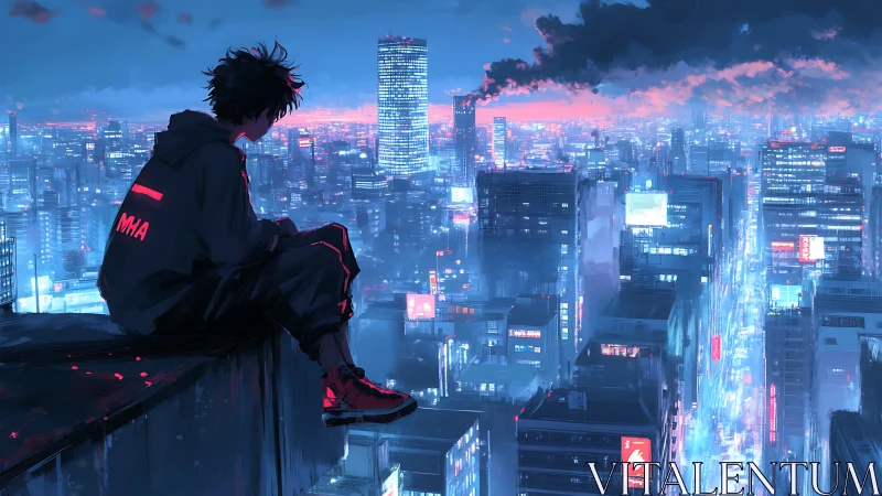 Nocturnal rooftop observer above neon-saturated megacity grid.