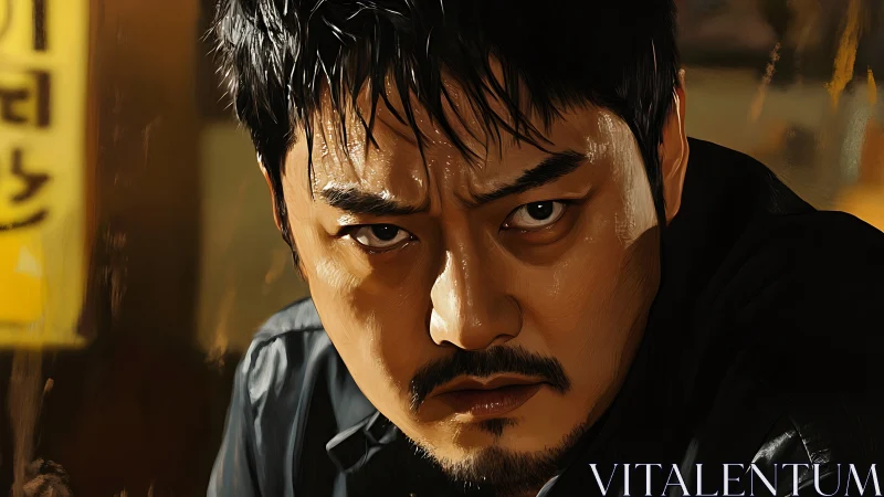 Intense portrait of determined man in warm cinematic light.