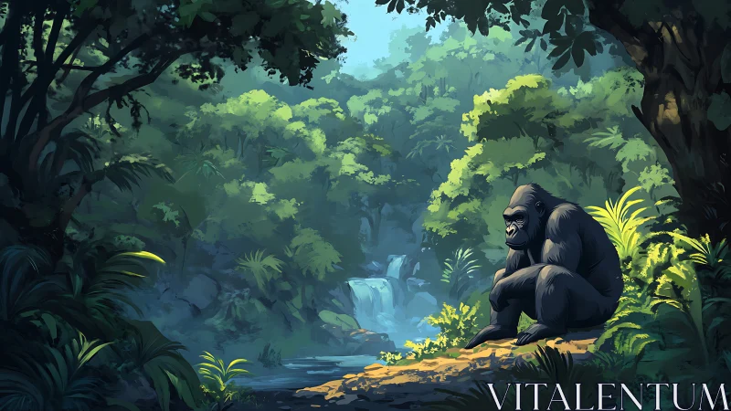Solitary gorilla near forest stream and distant waterfall.