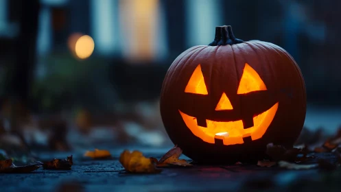 Illuminated jack o lantern on wet pavement with bokeh depth.