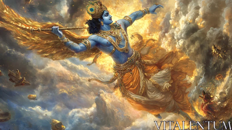 Celestial blue deity ascends through incandescent storm clouds