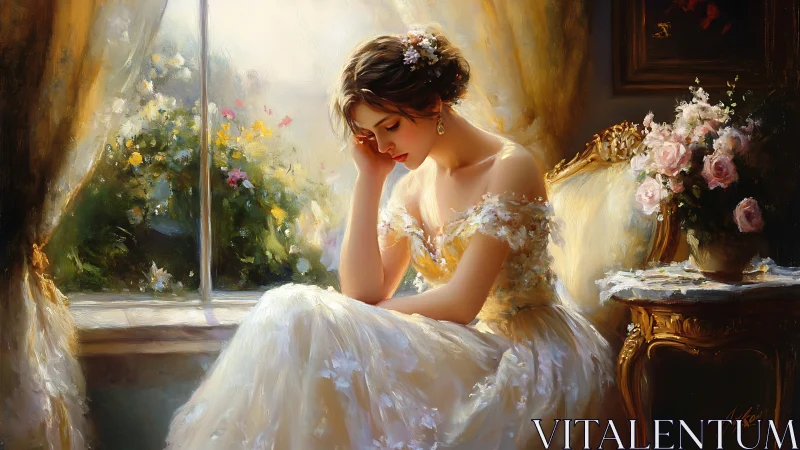 Seated woman in bridal dress is posed beside window light