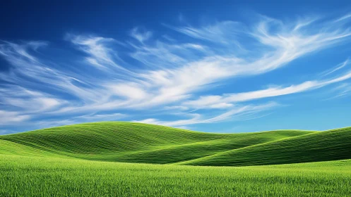 Rolling green hills under streaked cirrus sky panorama.