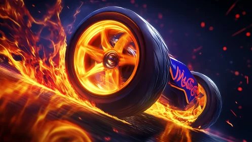 Flaming racing wheels burn across neon highway at speed.