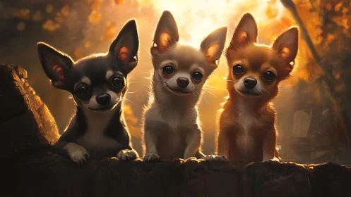 Backlit trio of chihuahuas rendered in warm digital realism