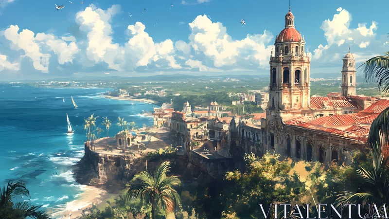 Sunlit coastal cathedral complex crowns steep cliffside bay