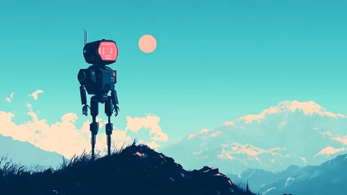 Solitary robot surveys pastel mountains beneath a pale sun