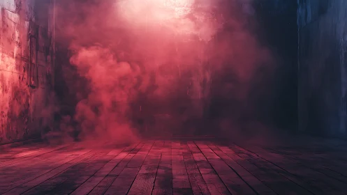 Volumetric crimson fog in decayed industrial room interior.