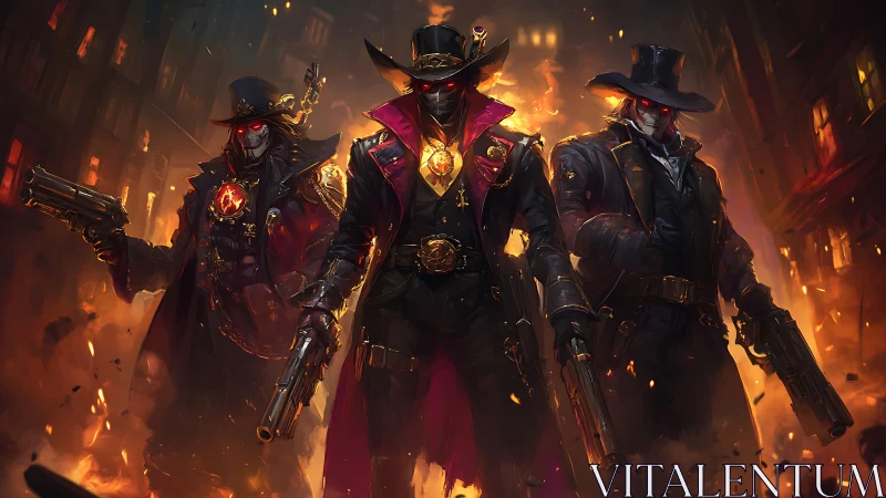 Trio of masked gunslingers stride through a burning cityscape.