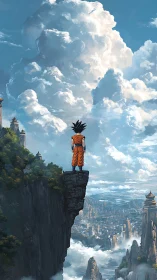 Heroic warrior above vast cloud canyons, contemplative stance.