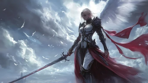 Winged armored figure holds extended sword against cloudy sky