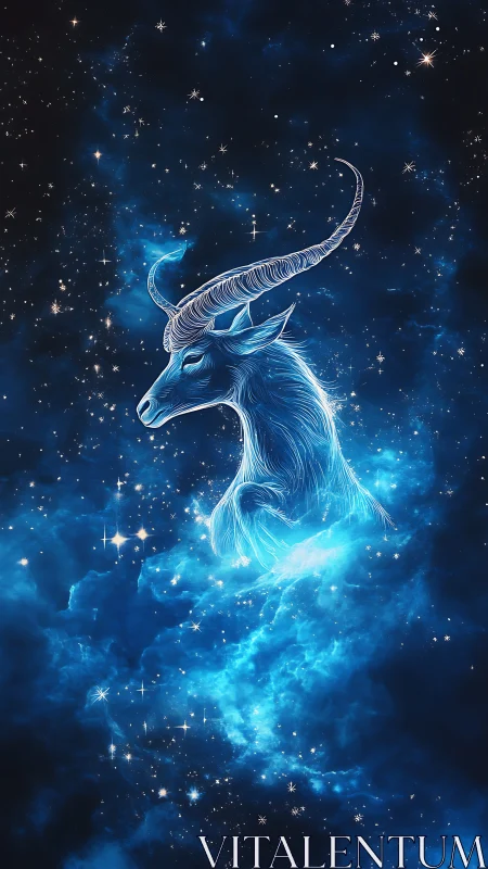 Starlit horned guardian drifts through a luminous blue nebula