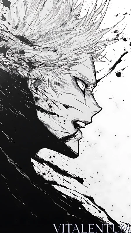 Monochrome anime profile erupts in splattered inky fury