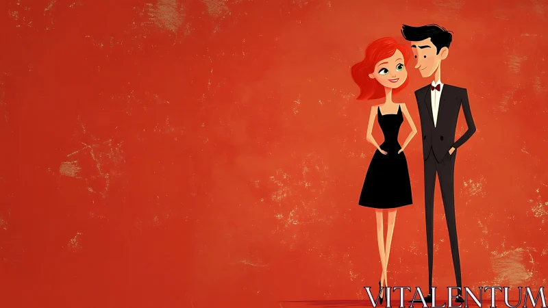 Elegant Couple in Formal Attire Against Red Backdrop.