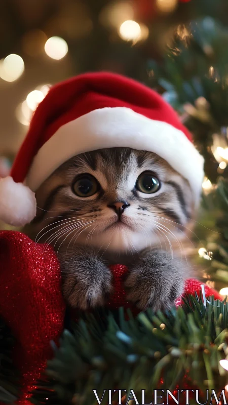 Festive kitten peeking from cozy Christmas tree sparkle.