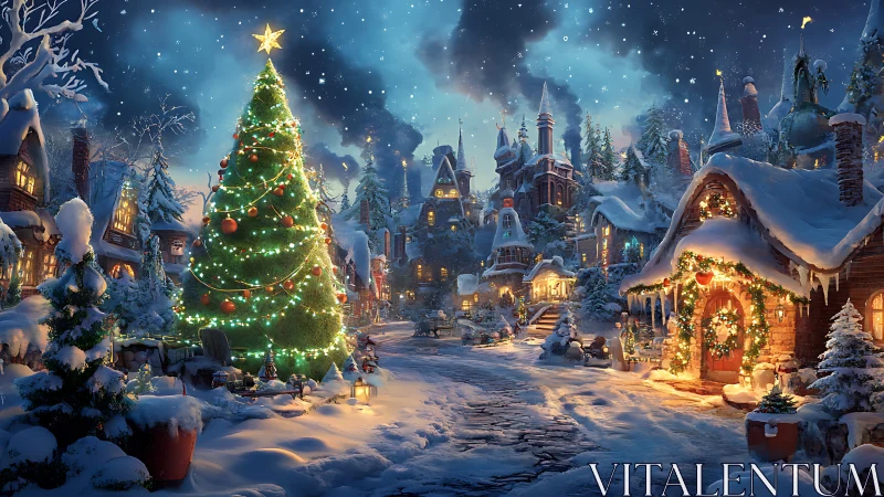 Snow-laden Christmas village with radiant festive tree.