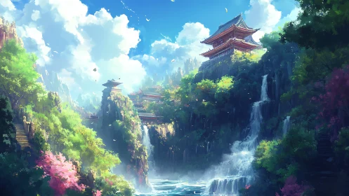 Mountain temple waterfalls under bright summer sky.