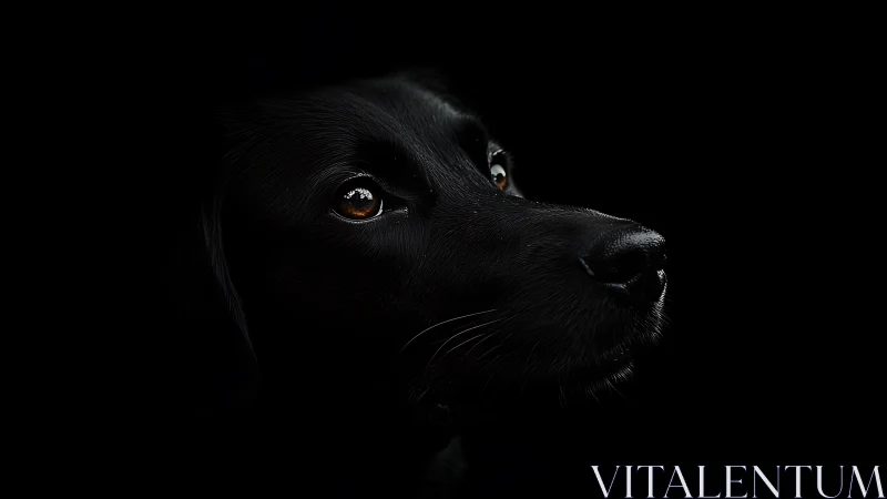 Low key optical portrait of black dog with specular highlights.