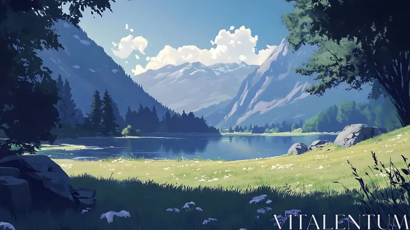 Sunlit valley meadow dreams quietly beside glassy lake