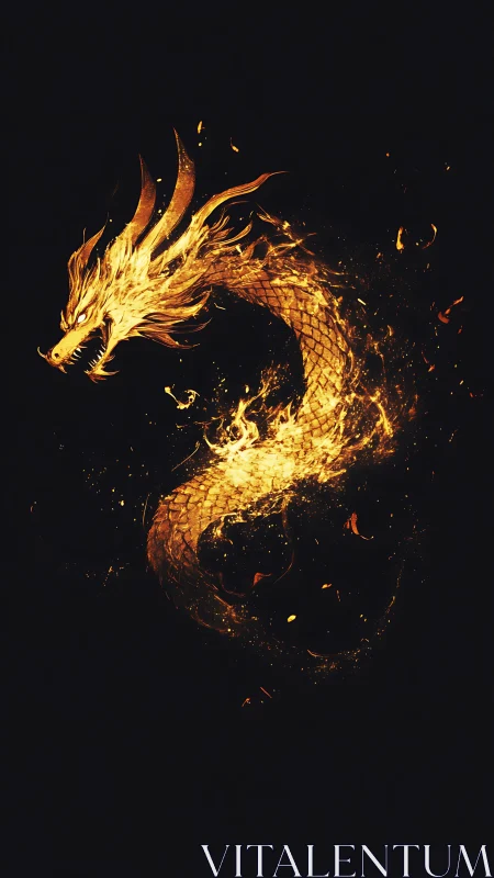 Digital painting of a coiled infernal dragon in negative space.