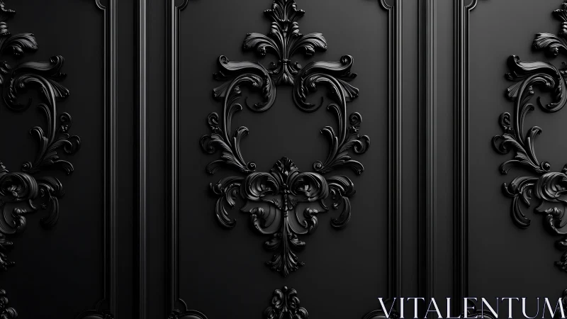 Black baroque wall panel with glossy ornate scrollwork.