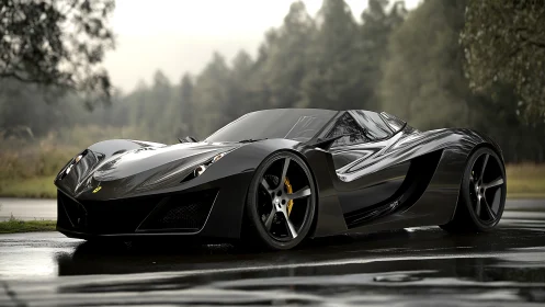 Sleek black hypercar on wet forest road at dawn.
