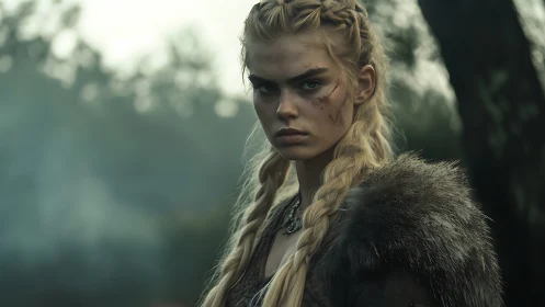 Fierce shieldmaiden stares through forest mist after battle