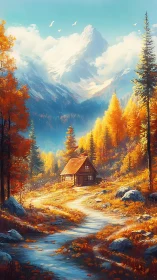 Mountain cabin in bright autumn forest valley scene.