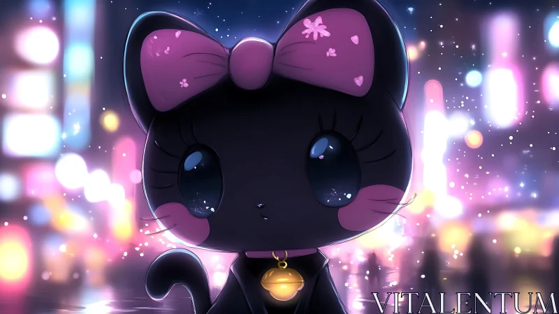 Night city sparkle with a dreamy bow-tied black kitten.