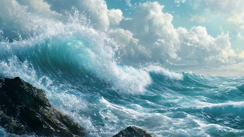 Ocean wave crashing on rocky shore under cumulus clouds.