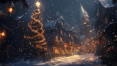 Snowlit village boulevard crowned by glowing Christmas tree.