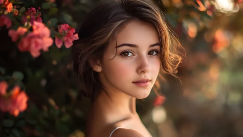 Soft-focus outdoor portrait renders luminous skin and florals