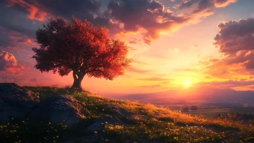 Solitary blossom tree over sunlit valley at radiant sunset.