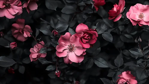 Pink and Crimson Roses Against Deep Black Foliage Background.