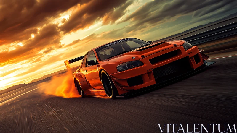 Sunset speed run sends this orange drift car into fiery motion