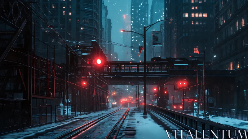 Cyberpunk rail line glows under red lights in winter storm.