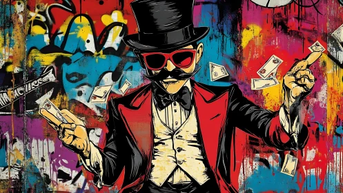 Magician in red tux performs card trick before graffiti wall