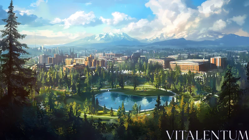 Mountain city parkland with lake, trees, and campus buildings.