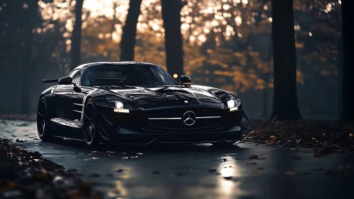 Midnight black supercar prowls through misty autumn woods.