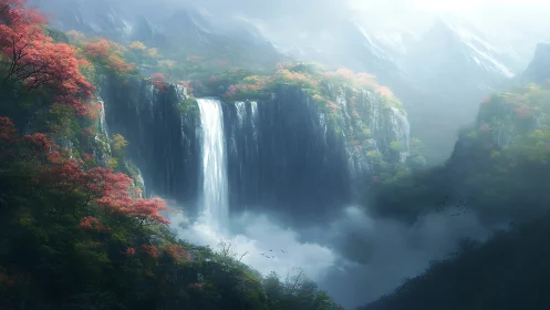 Mistbound cascade amid crimson forests and ghostly peaks.