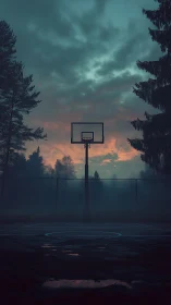 Foggy outdoor court under teal dusk storm clouds.